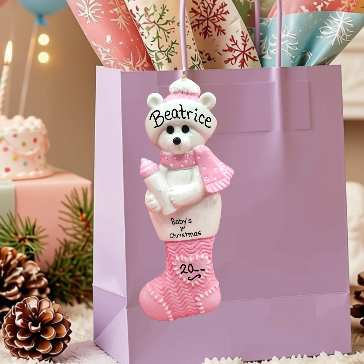 Pink - Baby's 1st Christmas Bear in Stocking Ornament