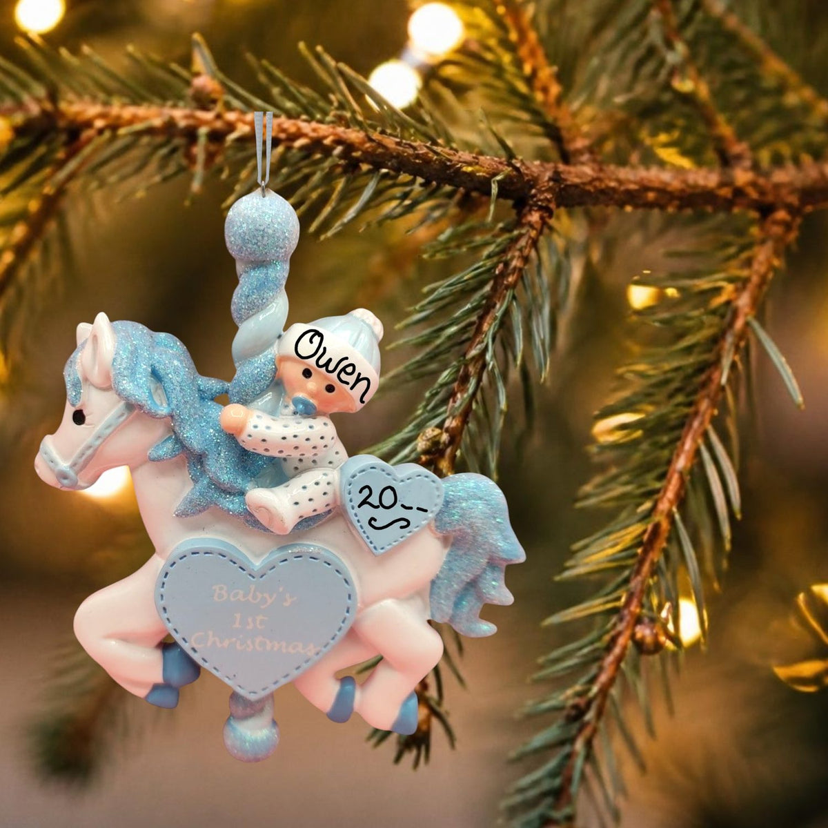 Blue - Baby on a Carousel Horse Ornament - 1st Christmas