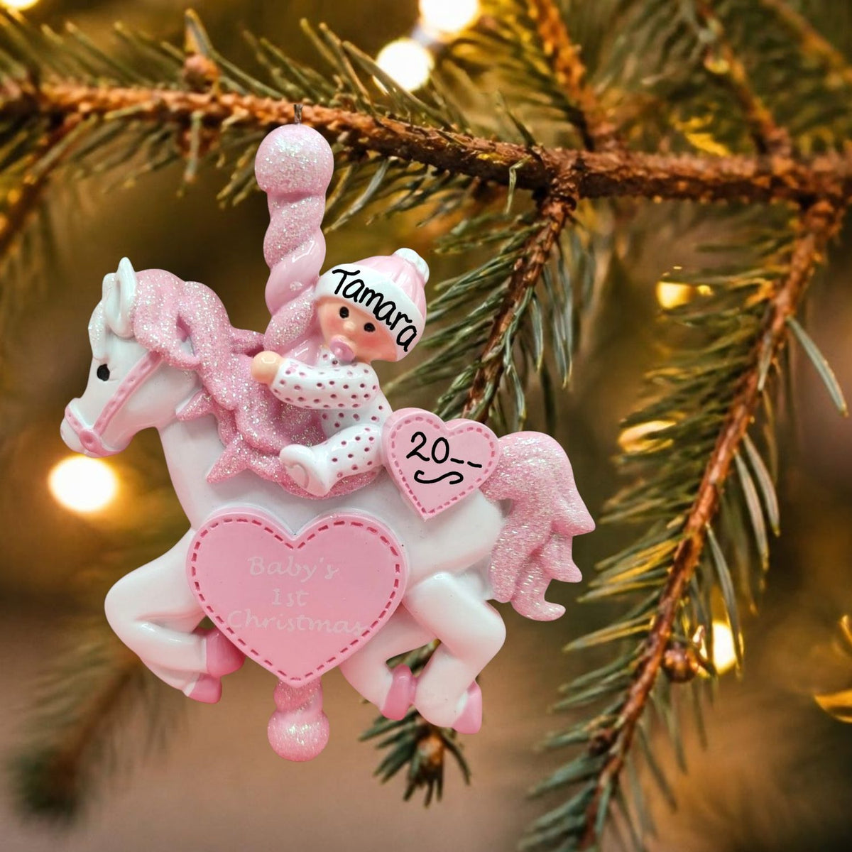 Pink - Baby on a Carousel Horse Ornament - 1st Christmas