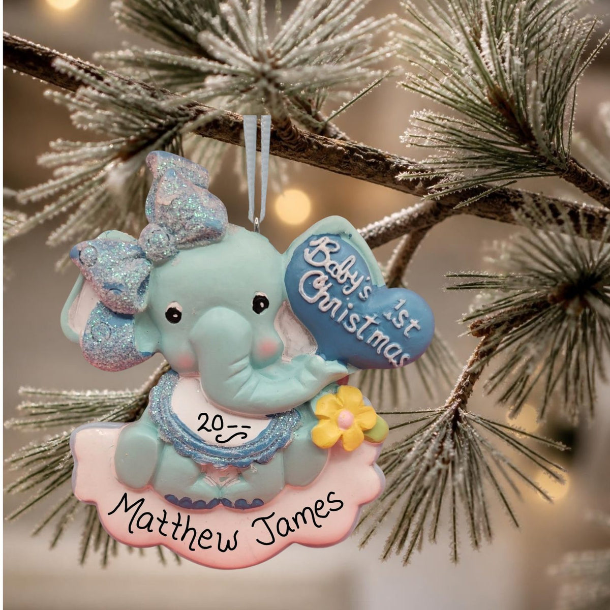 Blue - Baby Elephant 1st Christmas Ornament with Yellow Flower