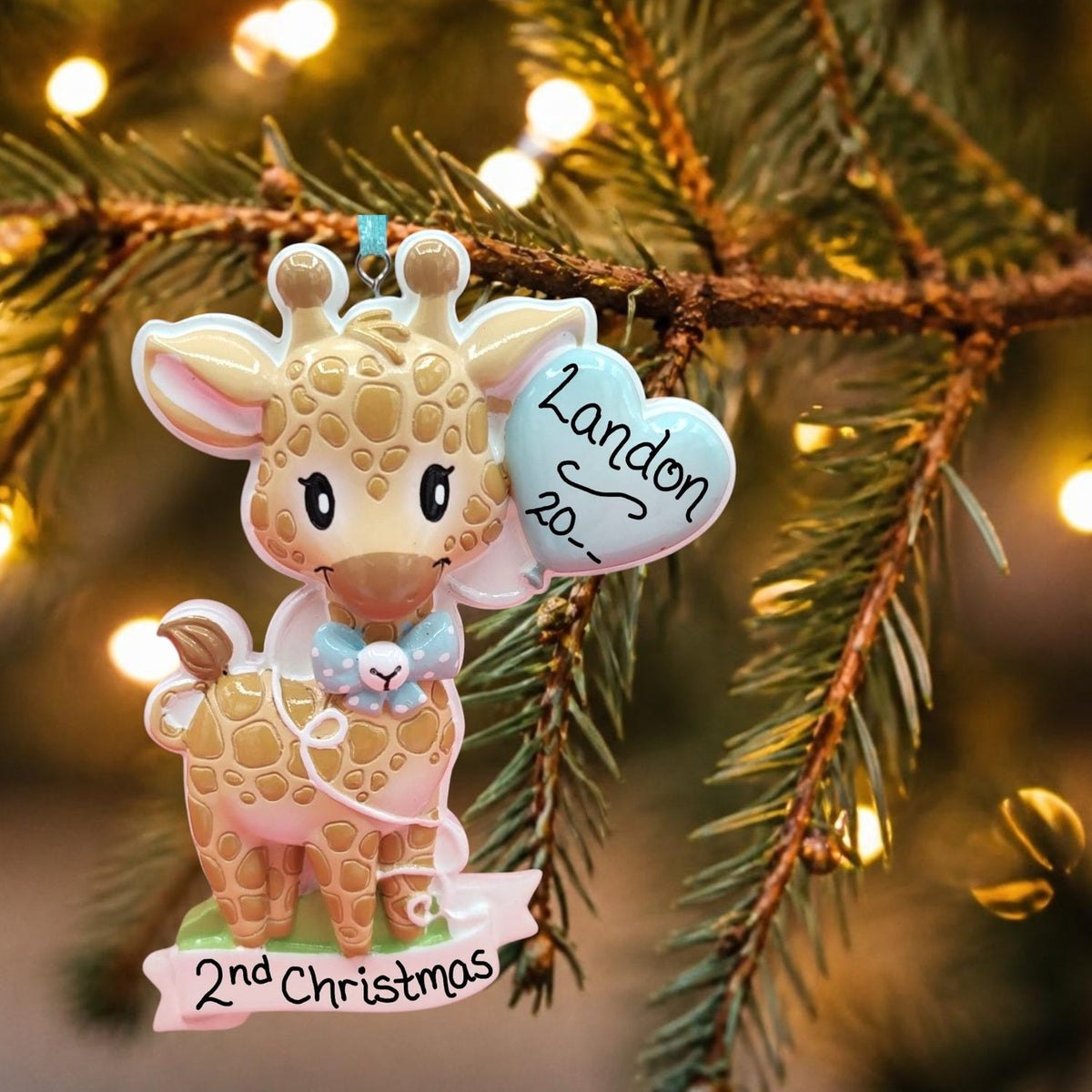 Blue - Baby Giraffe Ornament with Heart Balloon