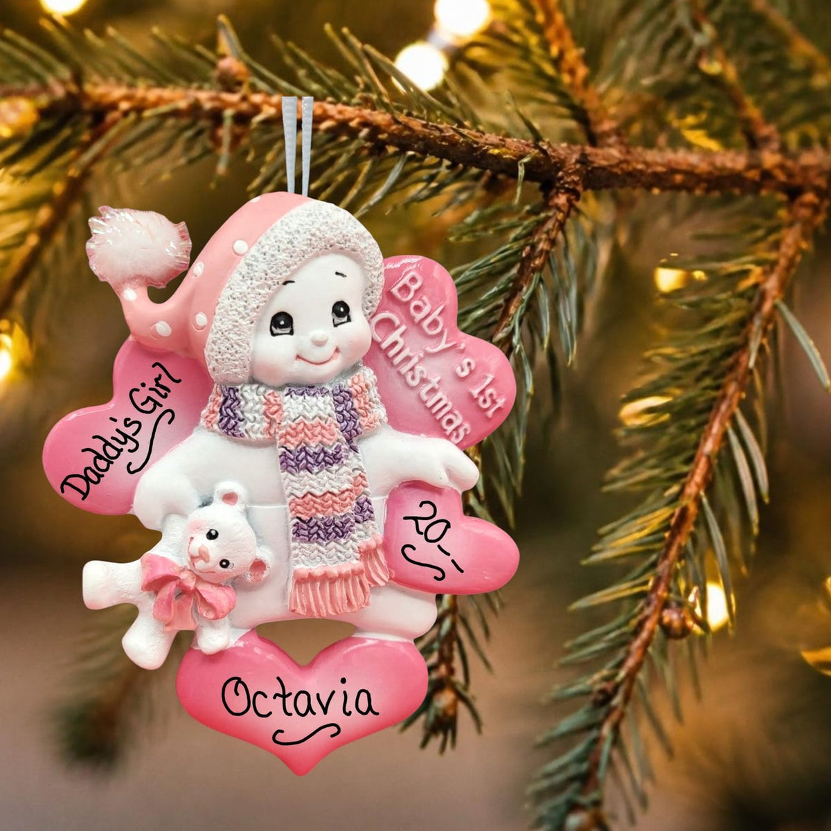 Pink - Baby's 1st Christmas Snowbaby with Teddy Bear Ornament