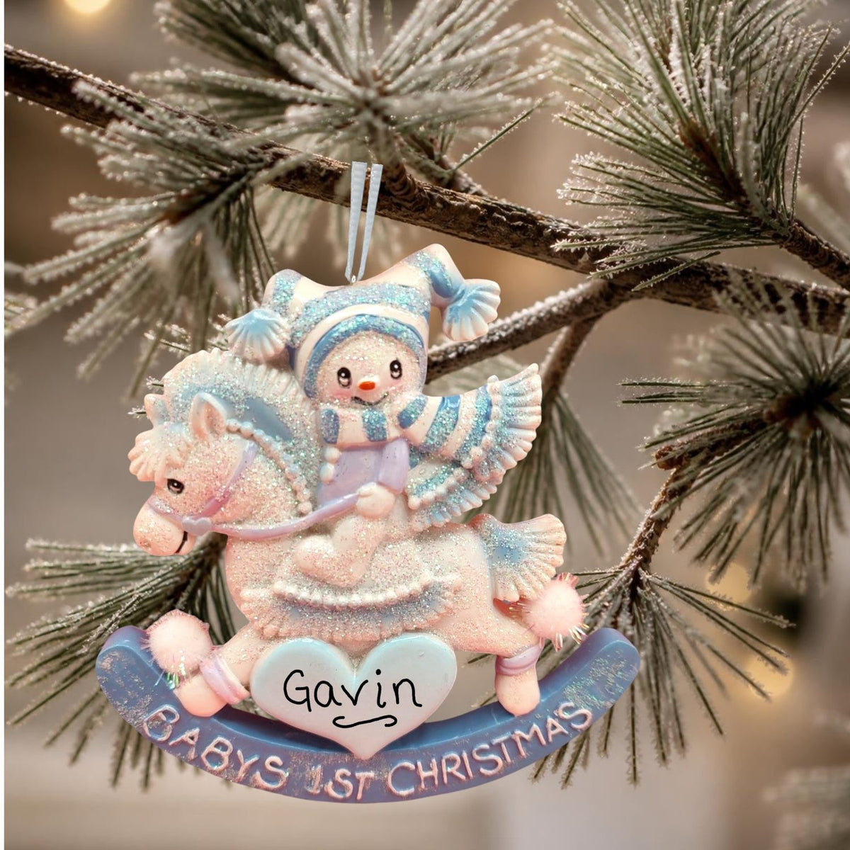 Blue - Baby's 1st Christmas Snowbaby on Rocking Horse Ornament