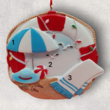 BEACH SCENE Ornament:  LIFE PRESERVER / UMBRELLA / TOWEL