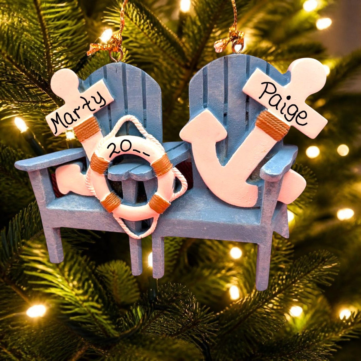 2 Blue Adirondack Chairs with Anchors Ornament