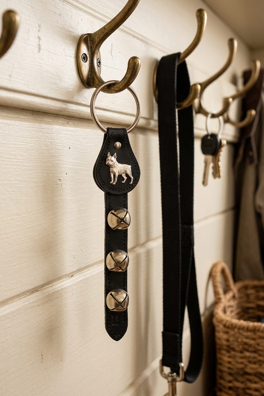 BOSTON TERRIER CHARM above 3 Bells on Leather Strap