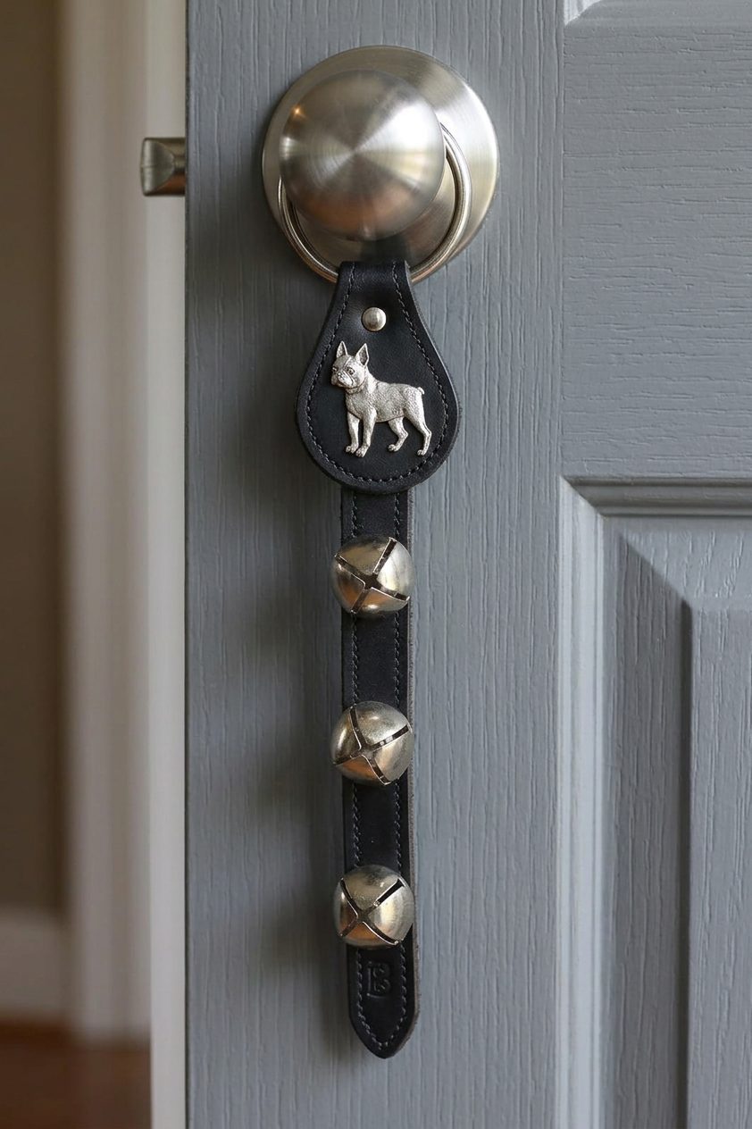 BOSTON TERRIER CHARM above 3 Bells on Leather Strap