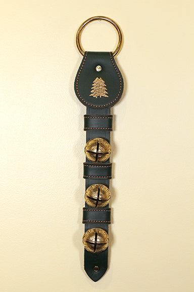 TREE (DOUBLE PINE) CHARM above 3 Solid Brass Belsnickel Bells on Leather Strap