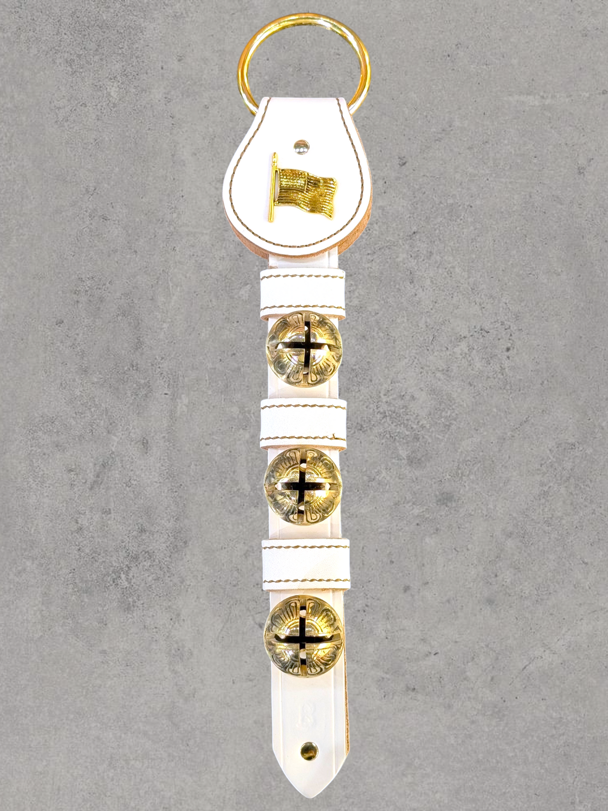 FLAG CHARM above 3 Solid Brass Belsnickel Bells on Leather Strap