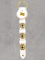 FLAG CHARM above 3 Solid Brass Belsnickel Bells on Leather Strap