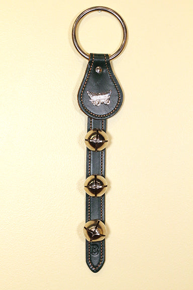 COVERED WAGON CHARM above 3 Bells on Leather Strap
