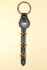 COVERED WAGON CHARM above 3 Bells on Leather Strap