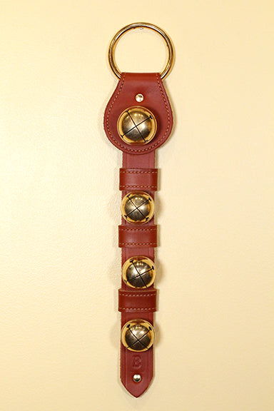 Large Solid Brass Moyer Bell above 3 Smaller Bells on 2-Ply Leather Strap