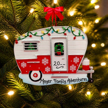 CAMPING Ornament - RED & WHT CAMPER w/ LIGHTS & SNOWFLAKES
