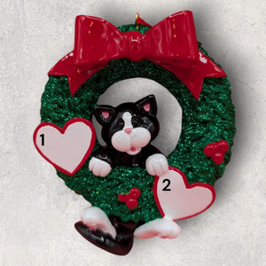 CAT in WREATH Ornament - BLACK & WHITE