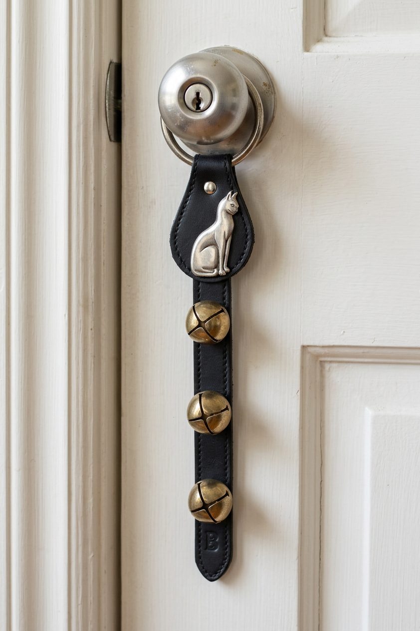 CAT (SITTING) CHARM above 3 Bells on Leather Strap