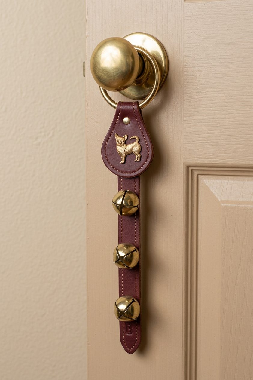 CHIHUAHUA CHARM above 3 Bells on Leather Strap