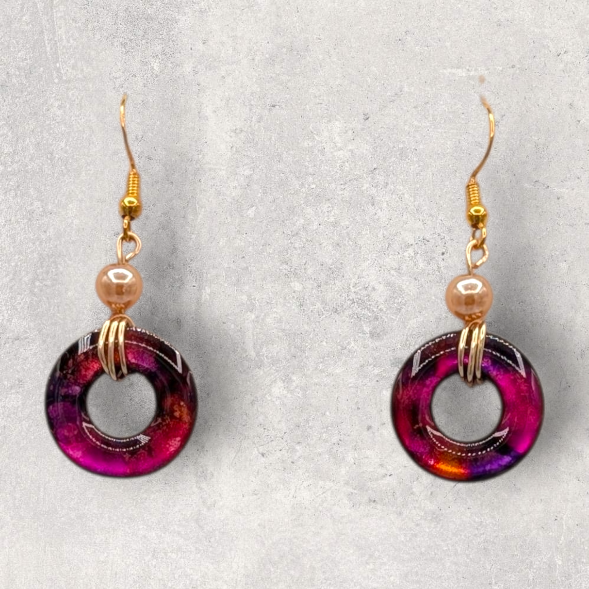 LOOPS JEWELRY - Fuschia Swirled Earrings with Other Colors - Gold Beads