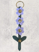 LEATHER FLOWER DOOR HANGER - 3 Lavender-Periwinkle Blooms on Green Stem Strap with 4 Bells & Leaf Detail