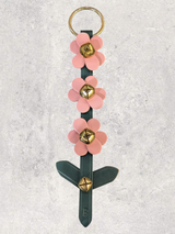 LEATHER FLOWER DOOR HANGER - 3 Pale Pink Blooms on Green Stem Strap with 4 Bells & Leaf Detail