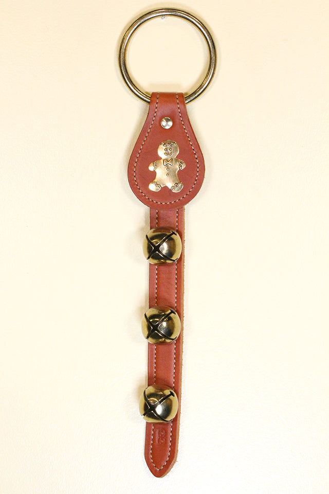 GINGERBREAD CHARM above 3 Bells on Leather Strap