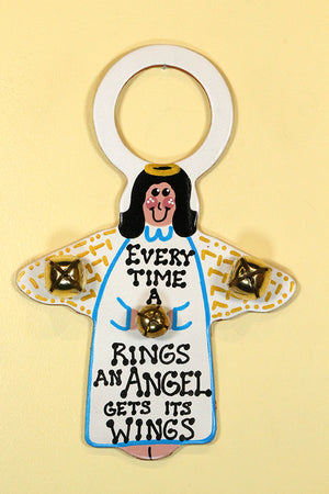 ANGEL - Hand-Painted Leather Doorknob Bell - BLACK HAIR and WRITING
