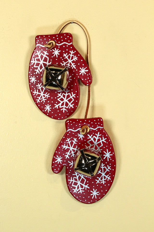 MITTENS - RED with SNOWFLAKES - Hand-Painted Leather Doorknob Bell
