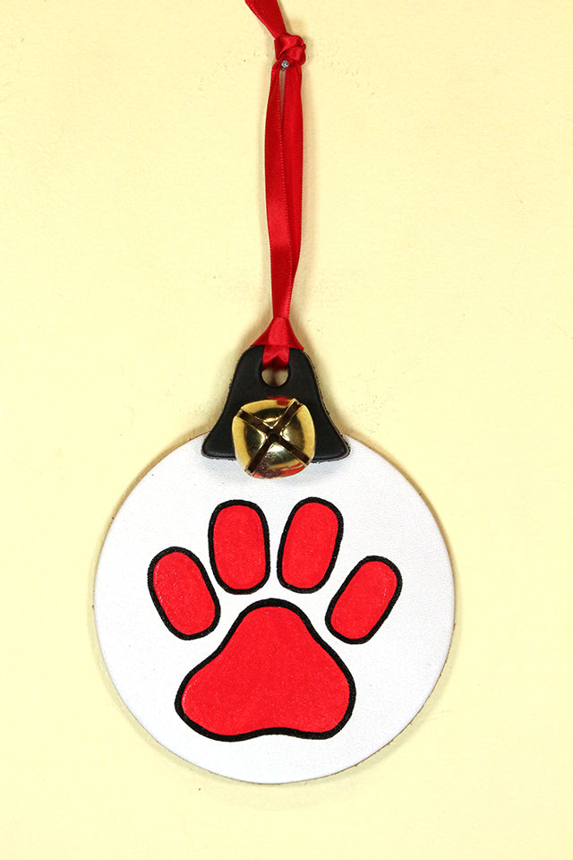 PAW PRINT - Large Hand-Painted Leather Ornament - Small Bell - RED