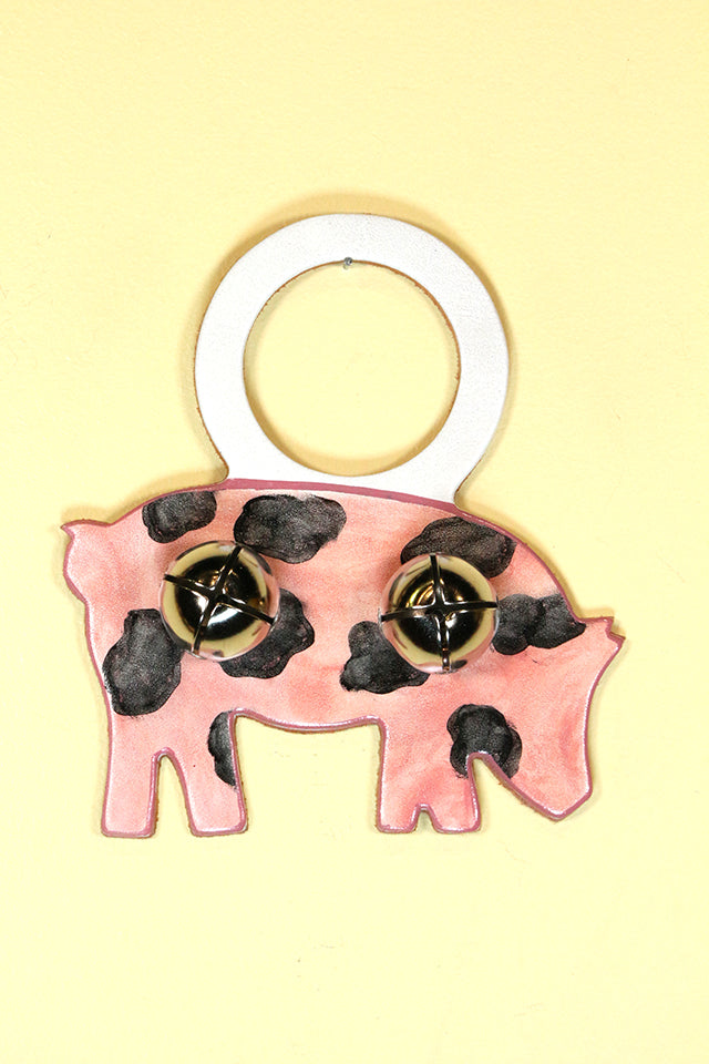 PIG - BLACK & PINK SPOTTED - Hand-Painted LEATHER Doorknob Bell