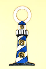 LIGHTHOUSE Hand-Painted LEATHER Doorknob Bell - BLUE DIAGONAL STRIPES