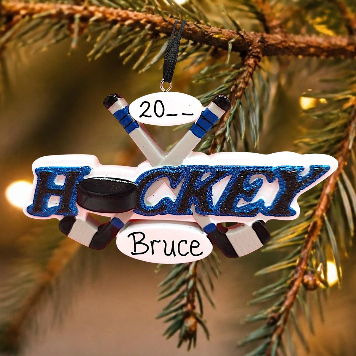 Ice Hockey Ornament - Black & Blue Sticks & Word
