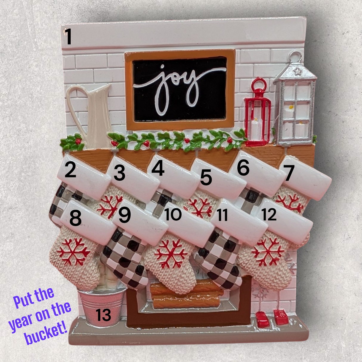 11 STOCKINGS on "JOY" MANTEL Ornament