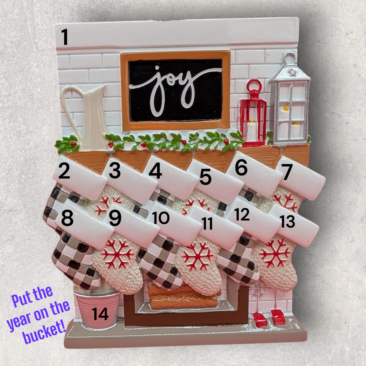 12 STOCKINGS on "JOY" MANTEL Ornament