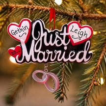 JUST MARRIED Ornament with HEARTS & RINGS