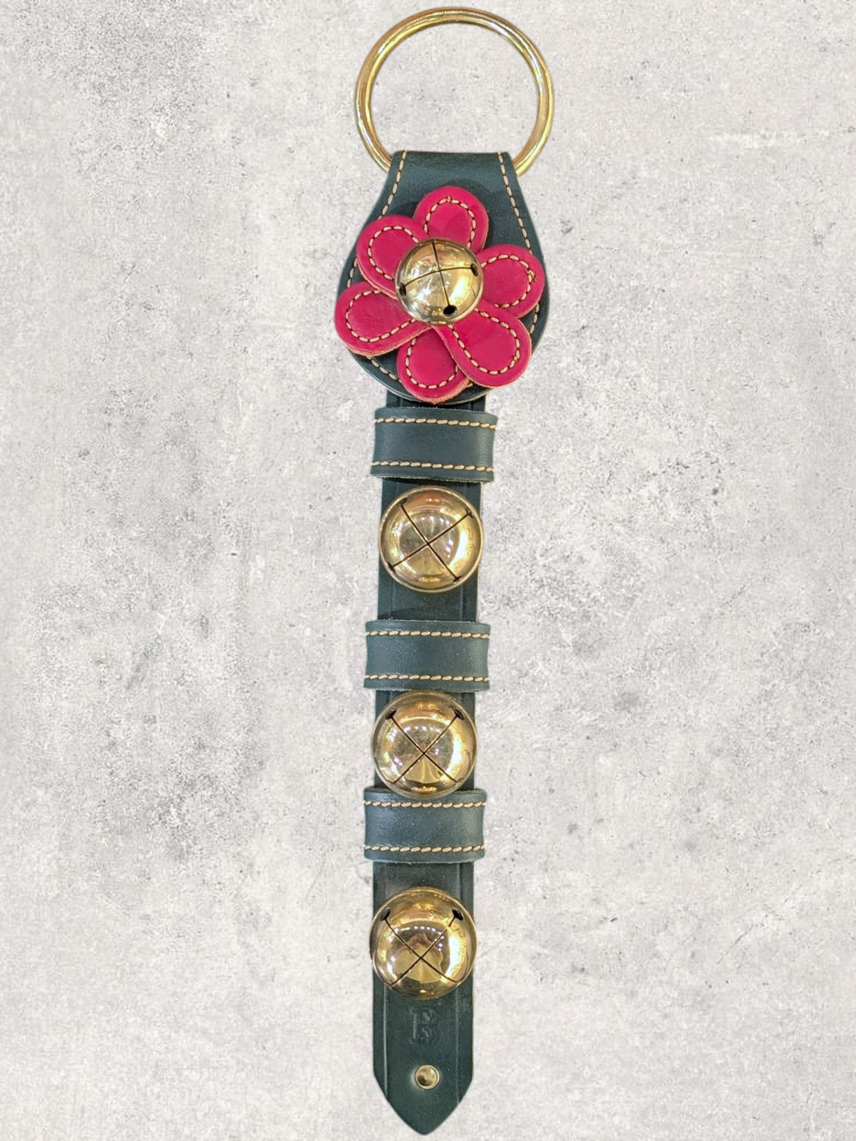 LEATHER FLOWER DOOR HANGER - Red Flower with 3 Solid Brass Moyer Bells on Green Leather Strap