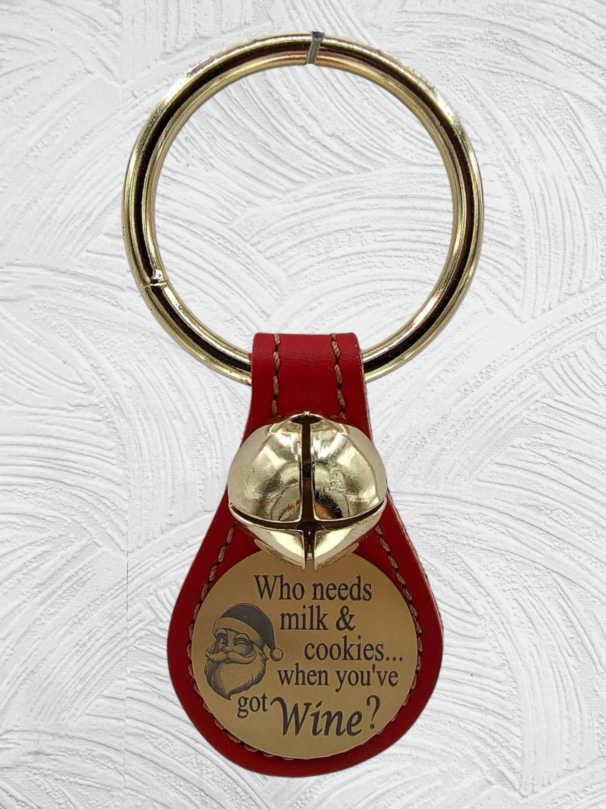 SANTA-"Who Needs Milk & Cookies"? Disc on Leather Teardrop-1 Bell