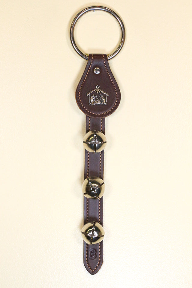 NATIVITY / MANGER CHARM above 3 Bells on Leather Strap
