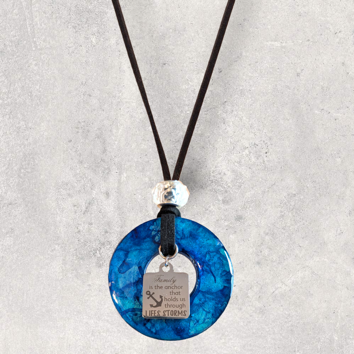 LOOPS JEWELRY - Large Blue Necklace - "Family....Life's Storms" Charm