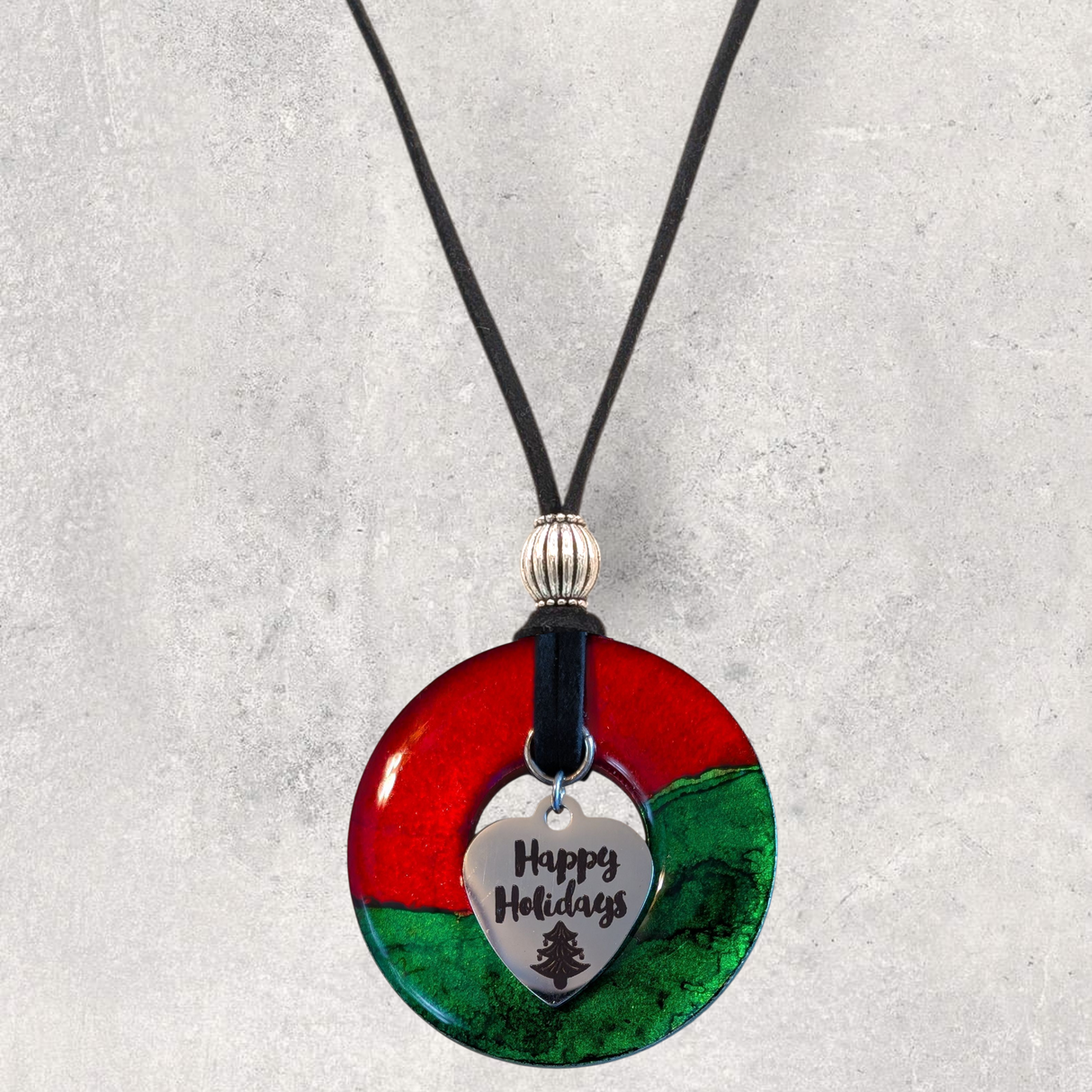 LOOPS JEWELRY - Large Red & Green Necklace - "Happy Holidays" Charm