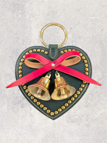 LEATHER HEART DOOR HANGER - Large Stitched & Studded Heart with Bow & Solid Brass Lancaster Bells