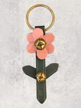 LEATHER FLOWER DOOR HANGER - 1 Pale Pink Bloom on Green Stem Strap with 2 Bells & Leaf Detail