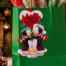 2 Kissing Penguins With Large Red Heart Ornament