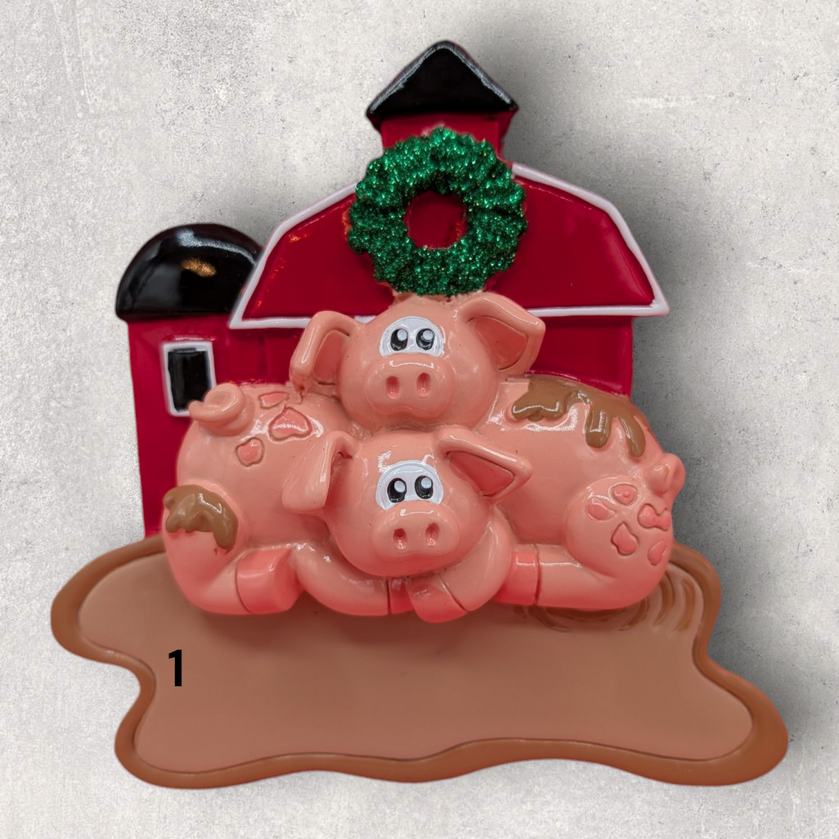 2 PIGS in the MUD by the BARN Ornament