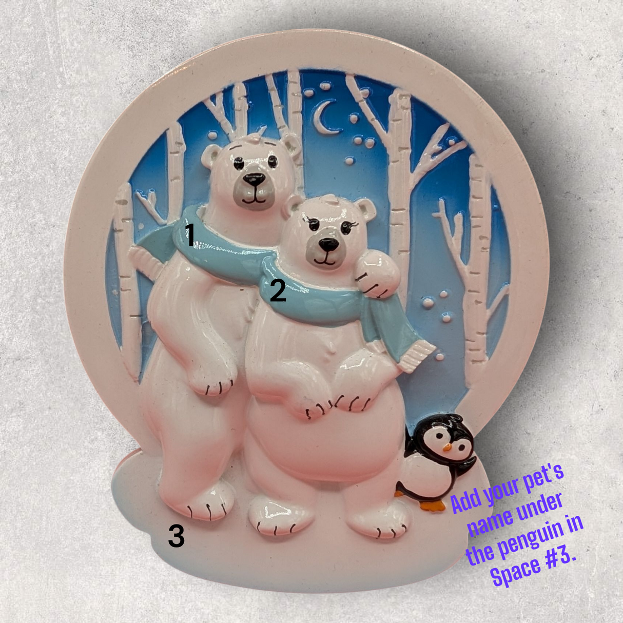 2 POLAR BEARS in the WOODS w/ PENGUIN Ornament