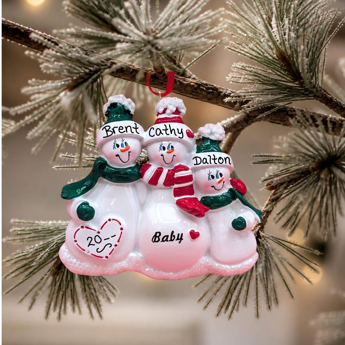 Expecting Snow Family Ornament - 1 Child - Red & Green Attire
