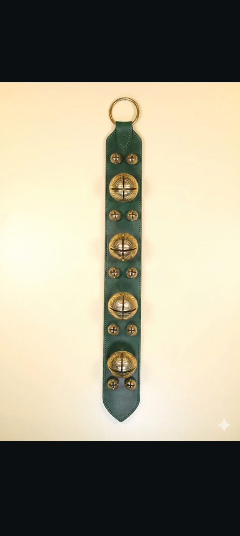 4 # 15 and 10 #1 Solid Brass Belsnickel Bells - Large 2-Ply Leather "Banister" Strap