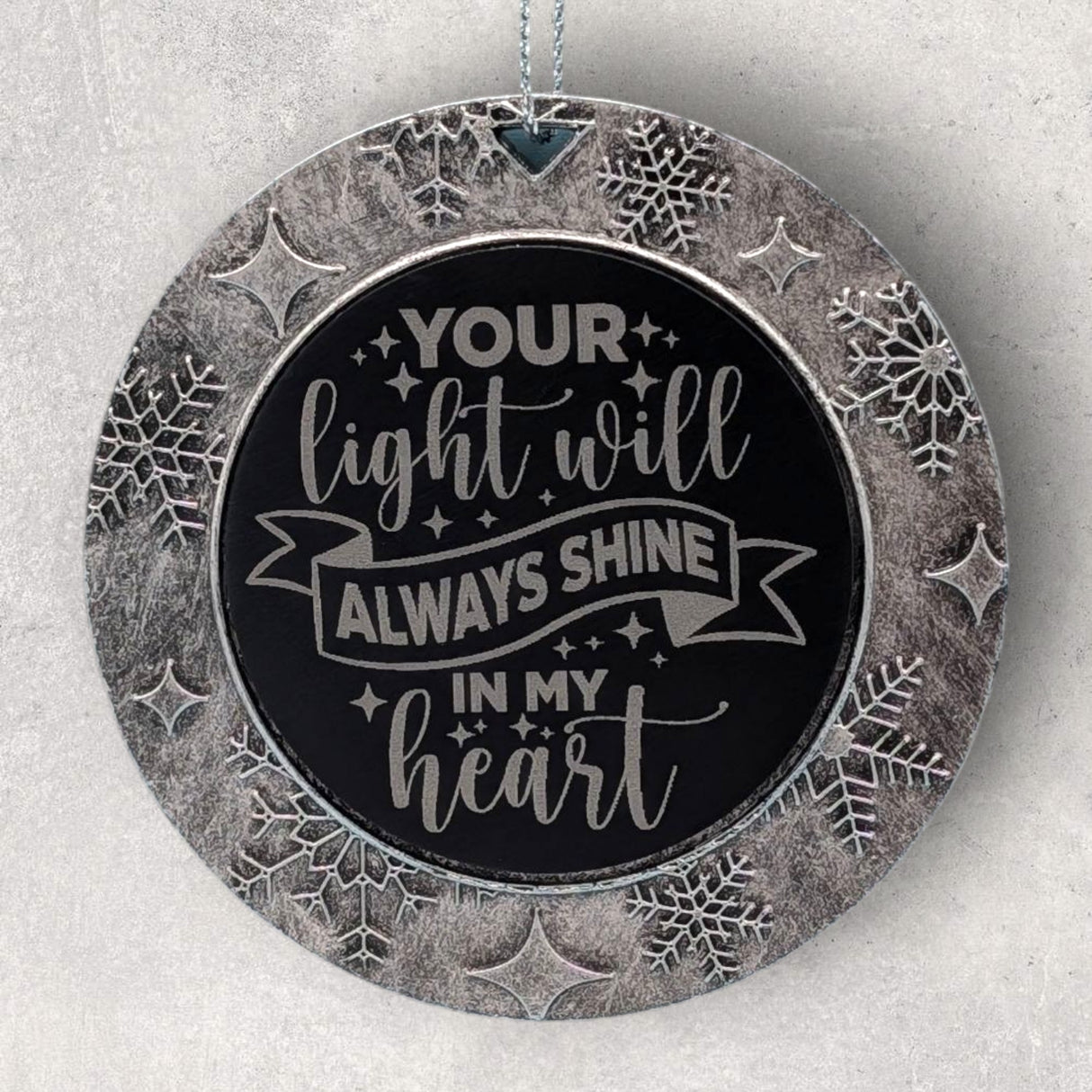 2-Sided Engraved IN REMEMBRANCE Wreath Ornament - "Your light will always shine in my heart."