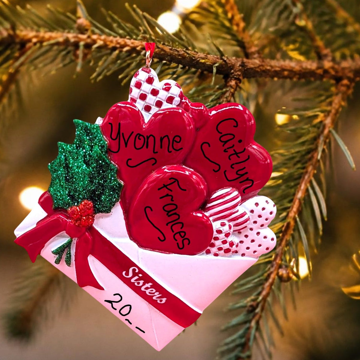 Sisters Hearts in Letter Ornament (3 Names)