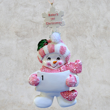 PINK - BABY's 1st CHRISTMAS  Ornament - SNOWBABY HOLDING SIGN