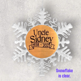 2-Sided Engraved IN REMEMBRANCE Snowflake Ornament - "Your light will always shine in my heart."